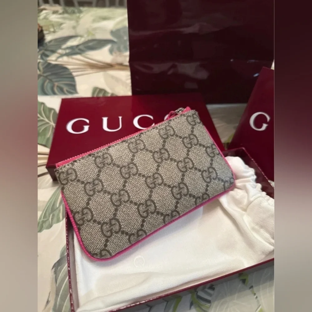 Gucci Pink Trim GG Canvas Zip Pouch
